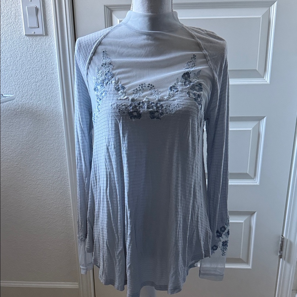 Free People Light Blue Floral Long Sleeve Top
